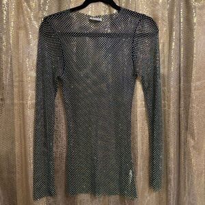 Free People Filter Finish Navy Blue Iridescent Rhinestone Mesh Top XS NWOT